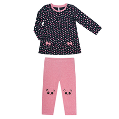 Комплект для девочки: туника и брюки трикотажные для девочки Barkito «Пандочка 1», туника - темно-синяя с рисунком, брюки - розовые