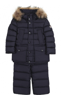 Комплект из пуховой куртки с капюшоном и брюк на подтяжках Moncler Enfant