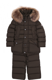 Комплект из пуховой куртки с капюшоном и брюк на подтяжках Moncler Enfant