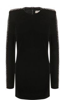 Бархатное мини-платье с длинным рукавом Saint Laurent