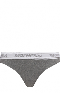 Хлопковые трусы-стринги с логотипом бренда Emporio Armani
