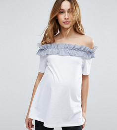 Футболка с открытыми плечами и оборками в полоску ASOS Maternity - Белый