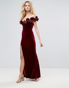 Бархатное платье макси с объемной цветочной отделкой City Goddess - Серый