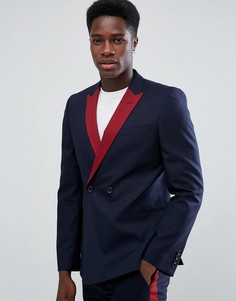 Темно-синий двубортный пиджак узкого кроя с бордовыми лацканами ASOS - Темно-синий