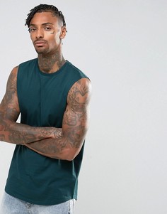 Длинная зеленая футболка без рукавов с заниженными проймами ASOS - Зеленый