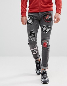 Черные джинсы скинни с байкерскими нашивками ASOS - Черный