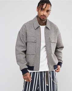 Оверсайз-куртка Харрингтон в клетку с добавлением шерсти ASOS - Коричневый