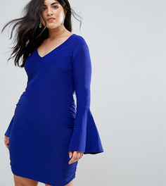 Облегаюющее платье мини с длинными расклешенными рукавами Club L Plus - Синий