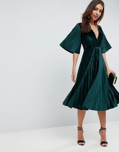 Бархатное платье-кимоно миди с плиссировкой ASOS - Зеленый