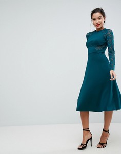 Приталенное платье миди с кружевными вставками ASOS Premium - Зеленый