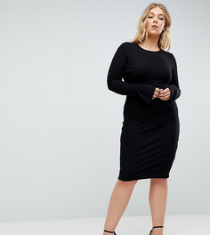 Облегающее платье миди в рубчик с оборками ASOS CURVE - Черный