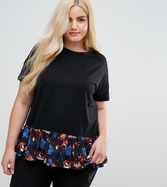 Футболка с цветочным принтом и оборками по краю ASOS CURVE - Черный