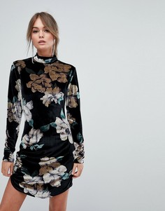 Бархатное платье с высоким воротником и принтом Boohoo - Черный