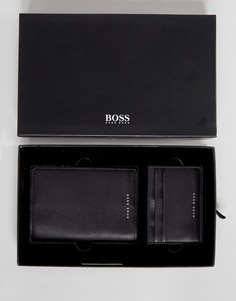 Черная кожаная обложка для паспорта и кредитница в подарочном наборе BOSS - Черный