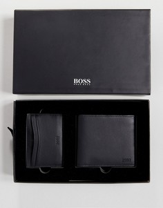 Черный кожаный бумажник и кредитница в подарочном наборе BOSS - Черный