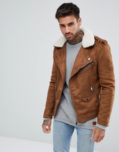 Светло-коричневая байкерская куртка из искусственной замши River Island - Рыжий