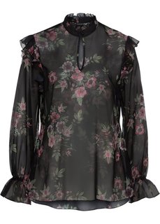 Блузка с воланами (черный с цветочным рисунком) Bonprix