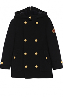 Шерстяное двубортное пальто с аппликацией и капюшоном Dolce &amp; Gabbana