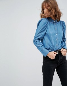 Синяя выбеленная джинсовая рубашка с пышными рукавами ASOS - Синий
