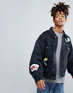 Черная джинсовая oversize-куртка с нашивками ASOS - Черный