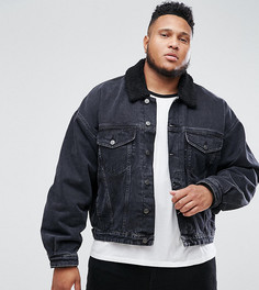 Черная выбеленная джинсовая оверсайз-куртка с воротником борг ASOS PLUS - Черный