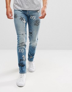 Синие выбеленные джинсы скинни с принтом ASOS - Синий