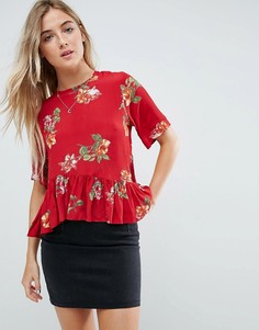 Красная футболка с асимметричной оборкой и цветочным принтом ASOS - Мульти
