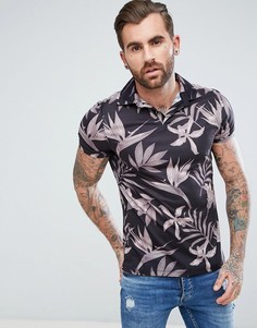 Футболка-поло с цветочным принтом ASOS - Черный
