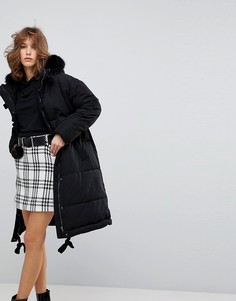 Дутая oversize-куртка с искусственным мехом на капюшоне Lost Ink - Черный