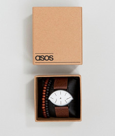 Браслет и часы с коричневым ремешком из искусственной кожи ASOS - Коричневый