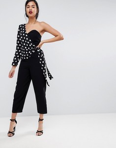 Комбинезон на одно плечо с накладкой в горошек ASOS - Черный