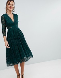 Кружевное платье миди для выпускного с длинными рукавами ASOS - Зеленый
