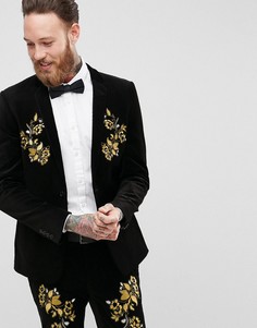 Черный бархатный приталенный пиджак с вышивкой ASOS - Черный