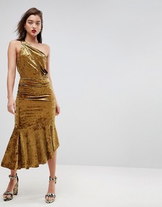 Бархатное платье миди на одно плечо с асимметричным краем ASOS - Золотой