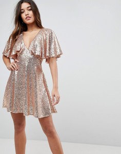 Кружевное платье мини с расклешенными рукавами и пайетками ASOS - Розовый