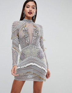 Платье мини с серебристой отделкой и искусственным жемчугом ASOS RED CARPET - Серебряный