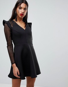 Короткое приталенное платье с сетчатыми рукавами River Island - Черный