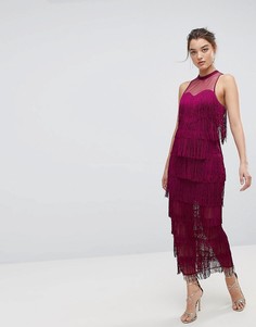 Платье макси с сетчатой вставкой и бахромой ASOS - Фиолетовый