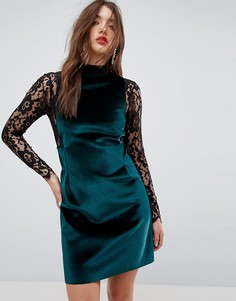 Платье мини с длинными рукавами из бархата и кружева ASOS - Зеленый