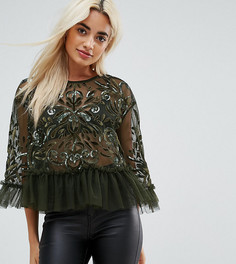 Сетчатый топ с бархатной аппликацией и пайетками ASOS PETITE - Зеленый