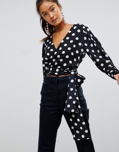 Укороченная блузка в горошек с запахом и широкими рукавами ASOS - Мульти