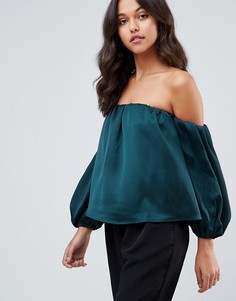 Атласный топ с открытыми плечами и пышными рукавами ASOS - Зеленый