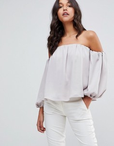 Атласный топ с открытыми плечами и пышными рукавами ASOS - Серебряный