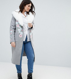 Пальто-бушлат в стиле оверсайз с вышивкой и пушистым воротником Dolly &amp; Delicious Plus Premium - Серый