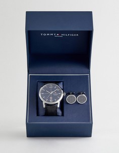 Набор из часов с черным кожаным ремешком и запонок Tommy Hilfiger - Черный