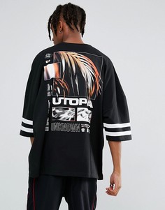 Оверсайз-футболка с принтом Utopia на спине и полосками на рукавах ASOS - Черный