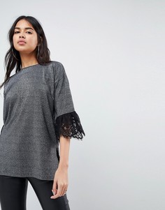 Футболка металлик с кружевной отделкой ASOS - Серебряный