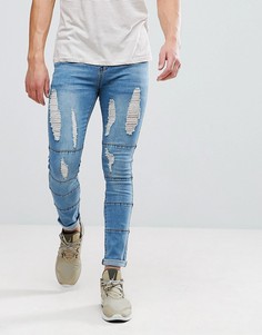 Светлые джинсы скинни с прорехами и вставками boohooMAN - Синий