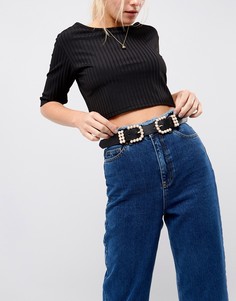 Ремень с отделкой искусственным жемчугом Pieces - Черный