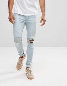 Байкерские джинсы скинни с рваными коленями Religion - Синий
